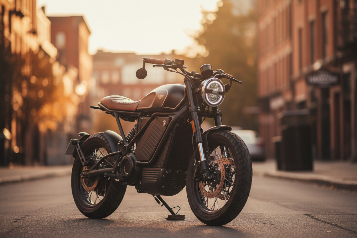 Revi Bikes vintage café racer electric bike on a city street — Revi Bikes collection